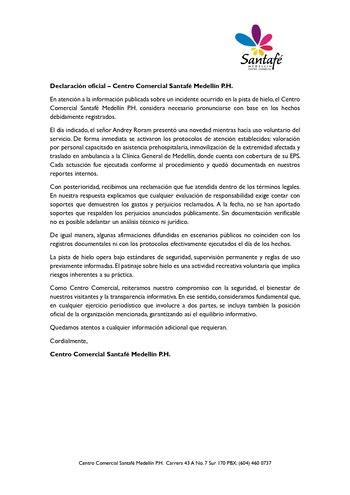 El Centro Comercial Santafé dejó en claro que siguieron todos los protocolos se seguridad en la pista y además brindaron una atención oportuna - crédito Centro Comercial Santafé