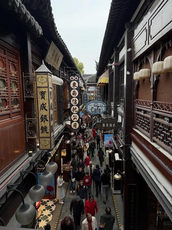Vista aérea de una concurrida calle peatonal en un distrito histórico, flanqueada por edificios tradicionales de madera y numerosos letreros en chino