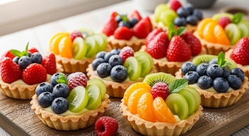 Varias tartaletas de frutas frescas, incluyendo fresas, arándanos, kiwi, mandarinas y uvas, sobre una tabla de madera con azúcar glas.