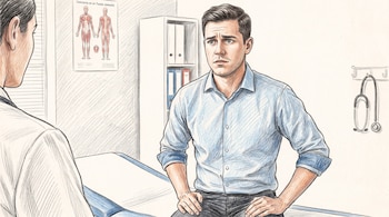 Un hombre joven sentado en una camilla de examen, frente a un doctor. Al fondo, un póster de anatomía, estanterías con carpetas y un estetoscopio colgado.