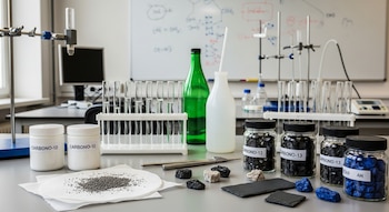 Mesa de laboratorio con tubos de ensayo, soportes, frascos etiquetados de carbono-12 y carbono-13 con minerales, polvo sobre papel, piedras y pizarra.