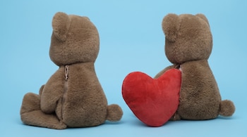 Dos osos de peluche marrones, vistos desde atrás, sentados sobre un fondo azul claro; el oso de la derecha sujeta un corazón rojo de tela.