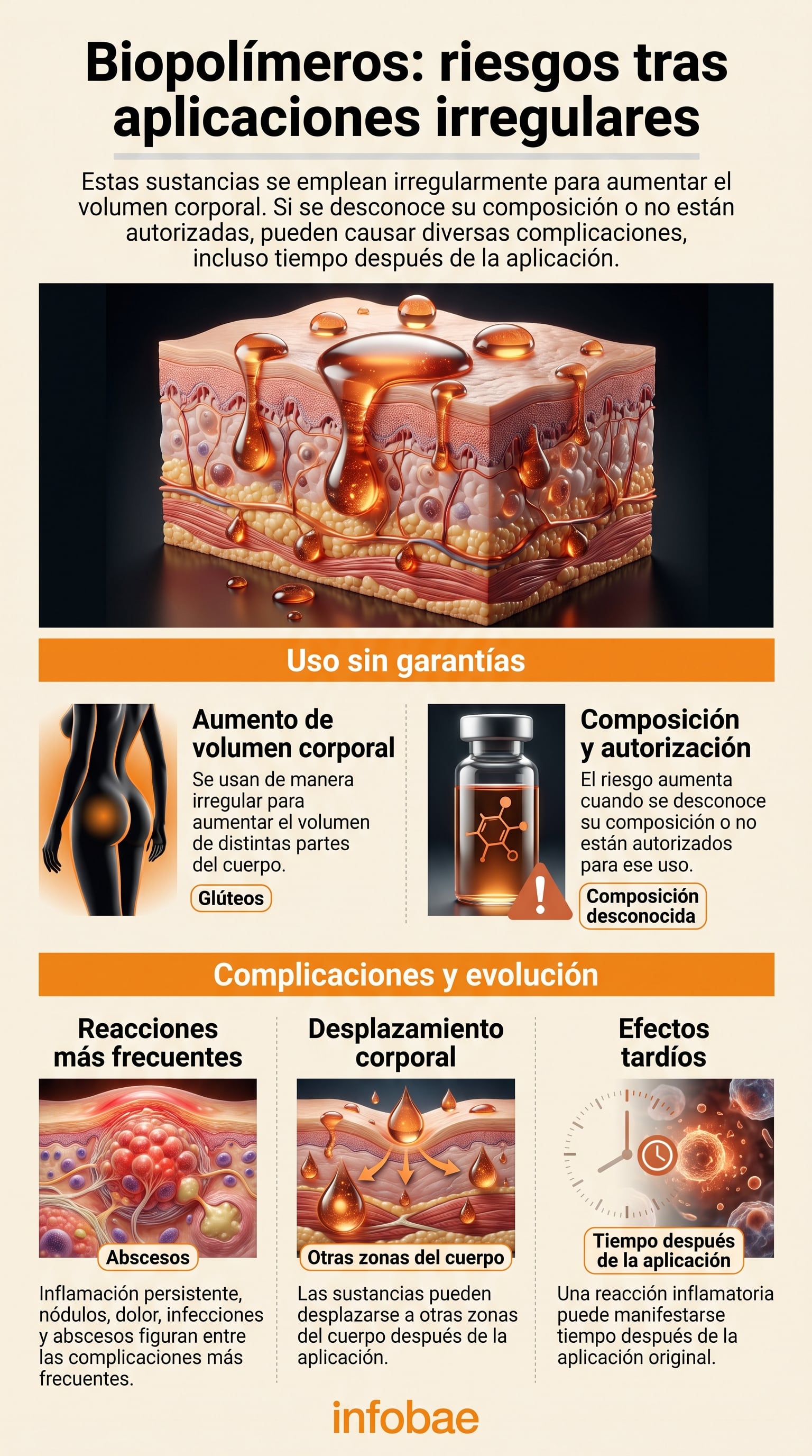 Una infografía de Infobae expone las complicaciones del uso de biopolímeros, como la formación de abscesos, las infecciones y el desplazamiento de la sustancia a otras zonas. (Imagen Ilustrativa Infobae)