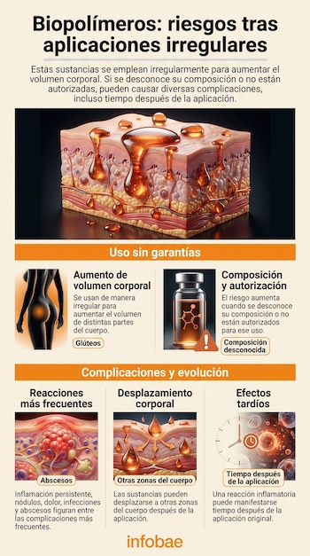 Infografía con esquemas del tejido cutáneo, la silueta de un cuerpo humano, un frasco medicinal y un icono de reloj con texto informativo.