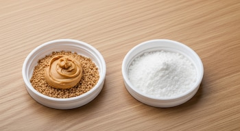 Primer plano de dos tapas blancas sobre una mesa de madera clara; una contiene gránulos de cebo marrón y una porción de mantequilla de maní, y la otra gránulos blancos de bicarbonato de sodio.