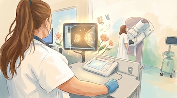 Ilustración de una técnica médica realizando una mamografía a una paciente, con una pantalla mostrando una imagen de mama y mariposas.