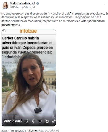 Paloma Valencia rechazó declaraciones de Gustavo Bolívar y defendió la democracia frente a la polarización - crédito @PalomaValenciaL/X