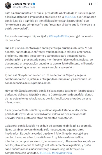 El abogado de Sneyder Pinilla se refirió a la propuesta del presidente De la Espriella - crédito @GustavoMorenoRi/X