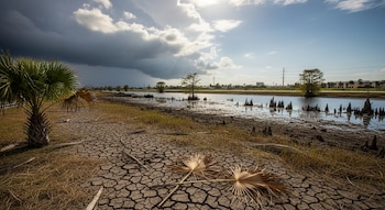 Vista de un terreno seco y agrietado con un pequeño palmar, junto a un humedal con cipreses expuestos y nubes dramáticas en el cielo.