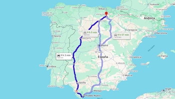 Ruta aproximada en coche entre Pueblo Nuevo de Guadiaro (Cádiz) y Miranda de Ebro (Burgos), el trayecto de unos 1.000 kilómetros que habría recorrido Francisco. (Google Maps)