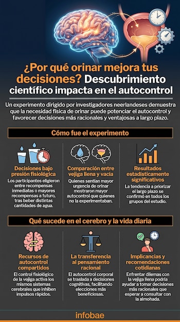 Infografía sobre un estudio científico que vincula la vejiga y el cerebro en la toma de decisiones. Muestra ilustraciones de órganos y diagramas explicativos sobre autocontrol.