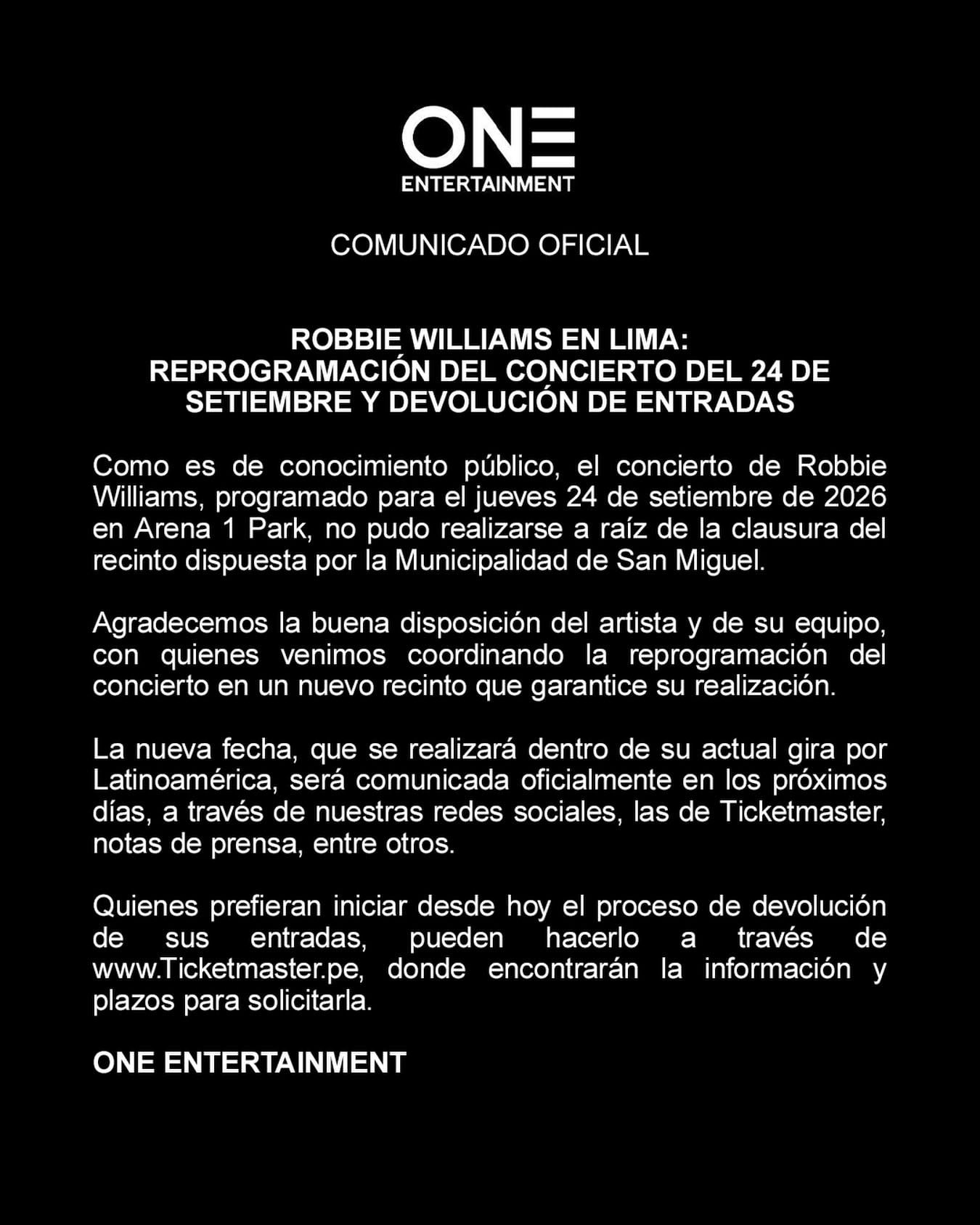 La productora anunció la reprogramación del concierto de Robbie Williams y habilitó la devolución de entradas por Ticketmaster.