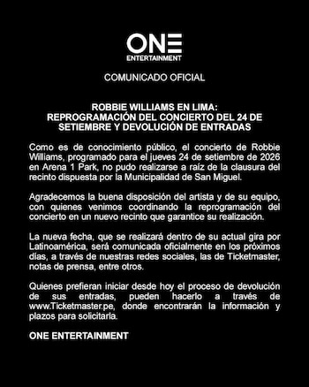 La productora anunció la reprogramación del concierto de Robbie Williams y habilitó la devolución de entradas por Ticketmaster.