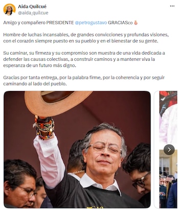 Aida Quilcué agradeció a Gustavo Petro y resaltó su compromiso con las causas sociales - crédito @aida_quilcue/X