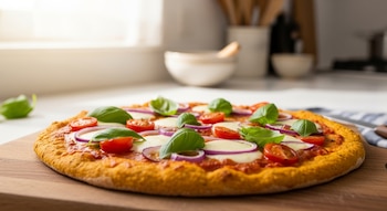 Pizza casera con masa de garbanzos en una tabla de madera, adornada con albahaca fresca, tomates cherry, cebolla morada y queso, en una cocina luminosa.
