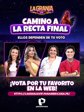 Póster de 'La Granja VIP' con el logo, un gallo animado con gafas de sol, cuatro fotos de concursantes (tres mujeres, un hombre) y texto invitando a votar en línea