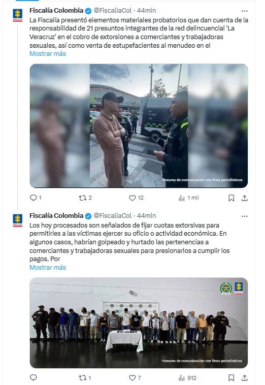 Los detalles del operativo fueron revelados por parte de la Fiscalía General de la Nación a través de su cuenta de X - crédito @FiscaliaCol/X