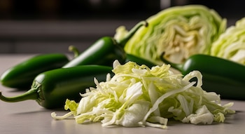 Montón de lechuga iceberg triturada con hojas verdes y blancas, rodeado por varios jalapeños verdes brillantes sobre una superficie lisa.