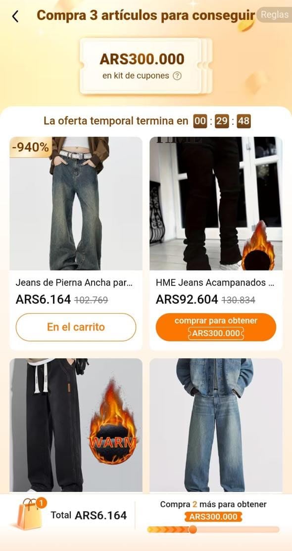 Al abrir la app se comunica al usuario que puede obtener un cupón por $200.000, pero luego se encuentra que para para acceder a ese cupón hay que comprar 3 artículos