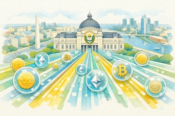 Ilustración acuarela de Buenos Aires con Obelisco, edificios y río. Avenidas digitales transportan íconos de Bitcoin, Ethereum y monedas digitales hacia edificio público.