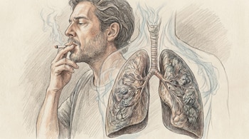Ilustración estilo lápiz a mano alzada con color de un hombre fumando y una vista transparente de sus pulmones, mostrando daño interno.