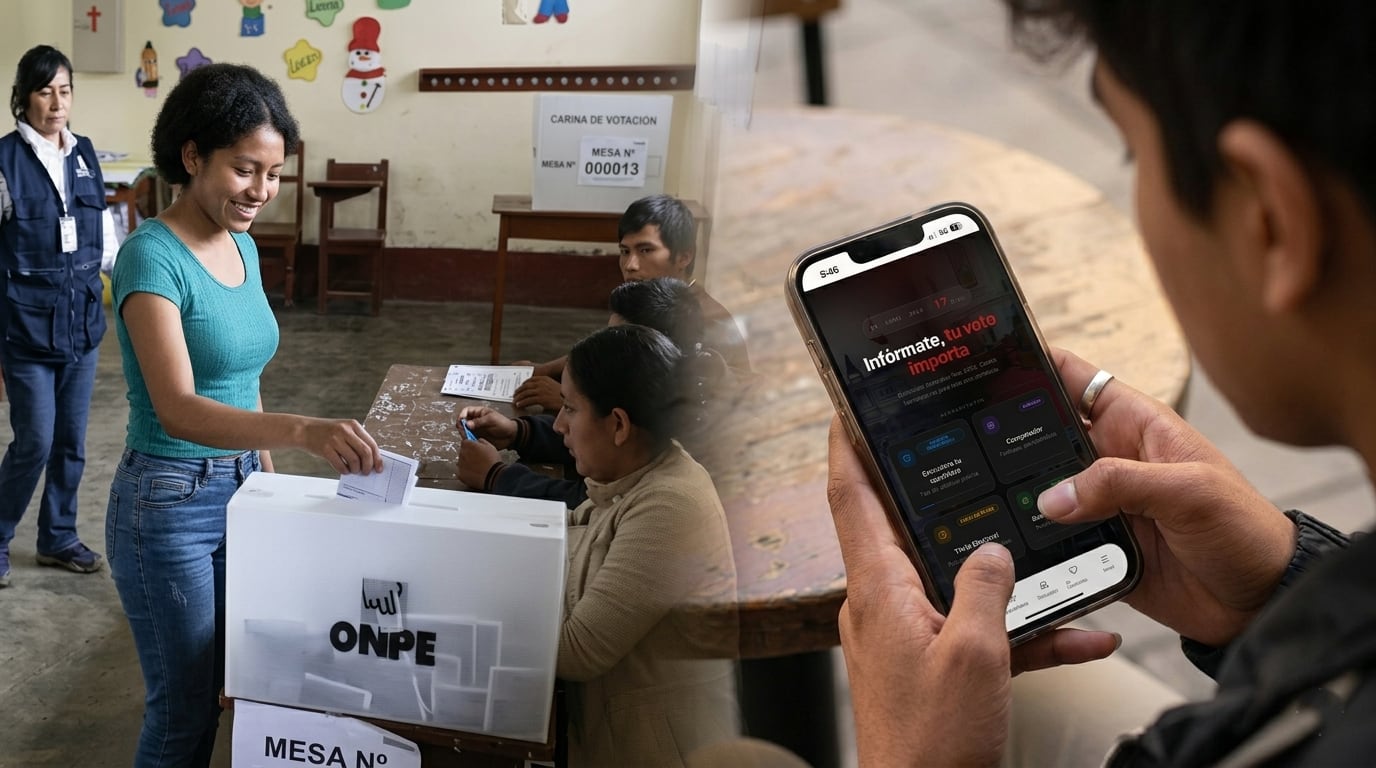 Mientras una joven vota presencialmente, otra persona utiliza la aplicación Vota Bien Perú para informarse, reflejando la preparación digital para las Elecciones 2026 en el país. (Infobae)