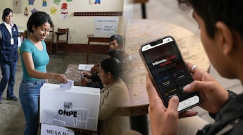 Imagen dividida: a la izquierda, una mujer sonriente depositando un voto en una urna ONPE; a la derecha, manos usando la aplicación Vota Bien Perú en un smartphone
