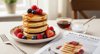 Una pila de mini pancakes se sirve en un plato blanco, cubiertos con miel, arándanos, frambuesas y fresas, junto a un tenedor y un folleto de receta.
