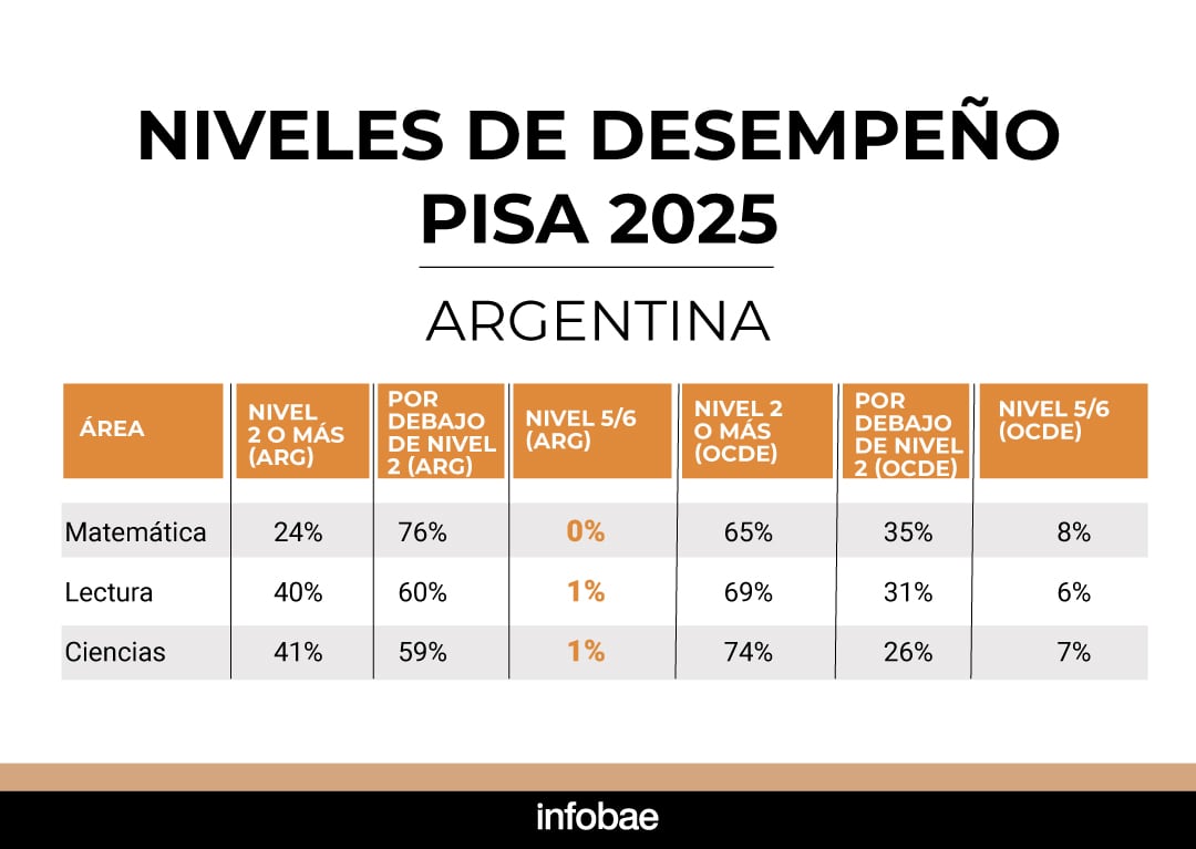 En Matemática, el 76% de los estudiantes argentinos no alcanzó el nivel básico de desempeño (nivel 2). En Lectura y Ciencias, la proporción fue cercana al 60%. En el otro extremo, apenas el 1% llegó a los niveles más altos (5 y 6) en Lectura y Ciencias, y en Matemática la proporción fue prácticamente nula.