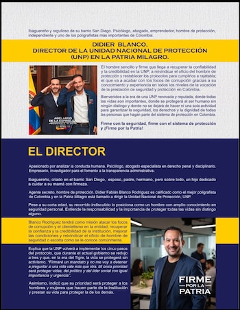 En el perfil entregado por Defensores de la Patria, de manera anticipada, se describe a Blanco como el nuevo director de la Unidad Nacional de Protección fue presentado como psicólogo, abogado especialista en derecho penal y disciplinario, empresario e investigador orientado al fomento de la transparencia administrativa - crédito Defensores de la Patria