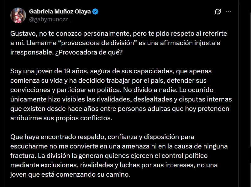 Gabriela Muñoz solicitó respeto a Gustavo Bolívar, exsenador y exdirector del DPS, a través de X, luego de que él la calificara de “provocadora” - crédito @gabymunozz_/X