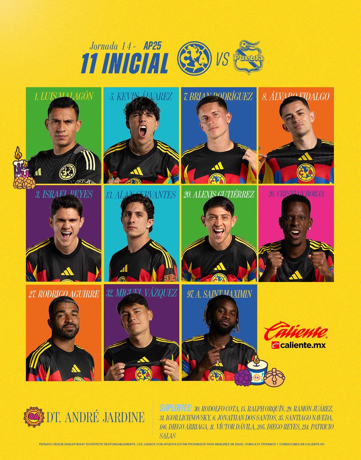 Alineación de las Águilas del América para enfrentarse al Puebla. Imagen cuenta de X @ClubAmerica