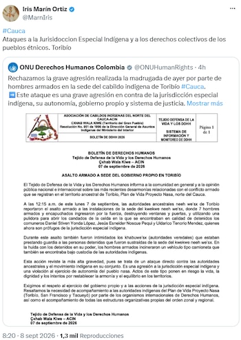 Iris Marín alertó sobre ataques a la jurisdicción indígena en Toribío - crédito @MarnIris/X
