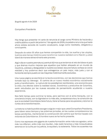 En la primera página de la carta, Ávila explicó los motivos de su renuncia y realizó un balance de la gestión del Gobierno. - crédito @MinHacienda/X