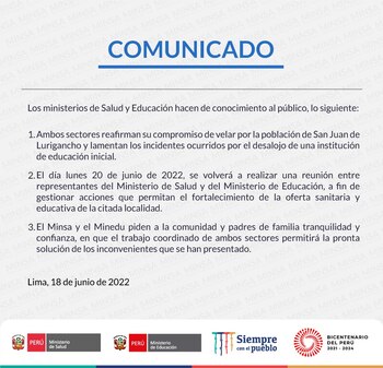 Comunicado sobre desalojo de colegio