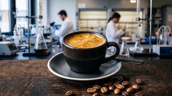 Taza de café de cerámica oscura con granos sobre una mesa de madera, con instrumental de laboratorio desenfocado al fondo.