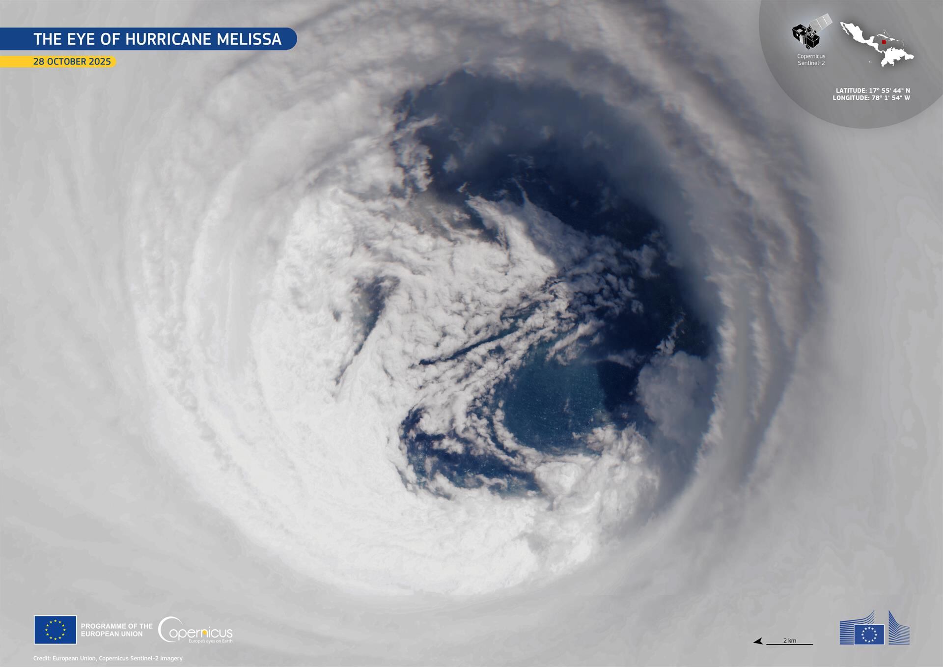 Copernicus captura una imagen del ojo del huracán ‘Melissa’ horas antes de tocar tierra en la costa sur de Jamaica