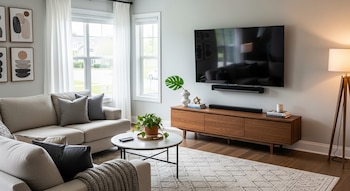 Televisor de pantalla plana, soundbar, mueble de madera, dos sofás, cojines grises, manta, mesa ratona, planta, lámpara de pie, cuatro cuadros, ventanas, cortinas blancas.