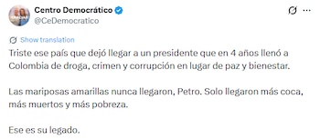 Respuesta del Centro Democrático a Gustavo Petro por fuertes declaraciones sobre el candidato opositor a Iván Cepeda - crédito @CeDemocratico/X