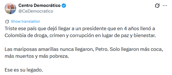 Respuesta del Centro Democrático a Gustavo Petro por fuertes declaraciones sobre el candidato opositor a Iván Cepeda - crédito @CeDemocratico/X