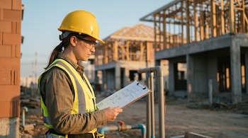 Mujer con casco amarillo, chaleco reflectante y gafas sostiene un portapapeles con planos frente a casas en construcción.