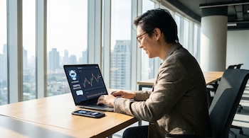 Hombre de aspecto profesional sonríe mientras teclea en una laptop mostrando una aplicación de criptomonedas con gráficos y un asistente de IA, con un smartphone y una ciudad de fondo.