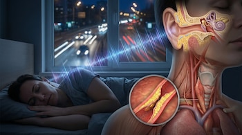 Una mujer duerme junto a una ventana con tráfico nocturno y ondas sonoras. Un corte anatómico del cuello revela el oído interno y una arteria con placas de colesterol.