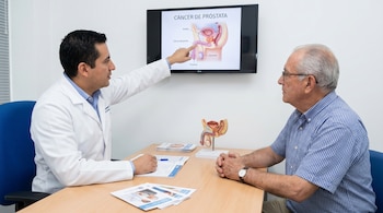 Un doctor vestido de bata blanca señala una pantalla que muestra un diagrama del cáncer de próstata a un paciente mayor sentado en una mesa.
