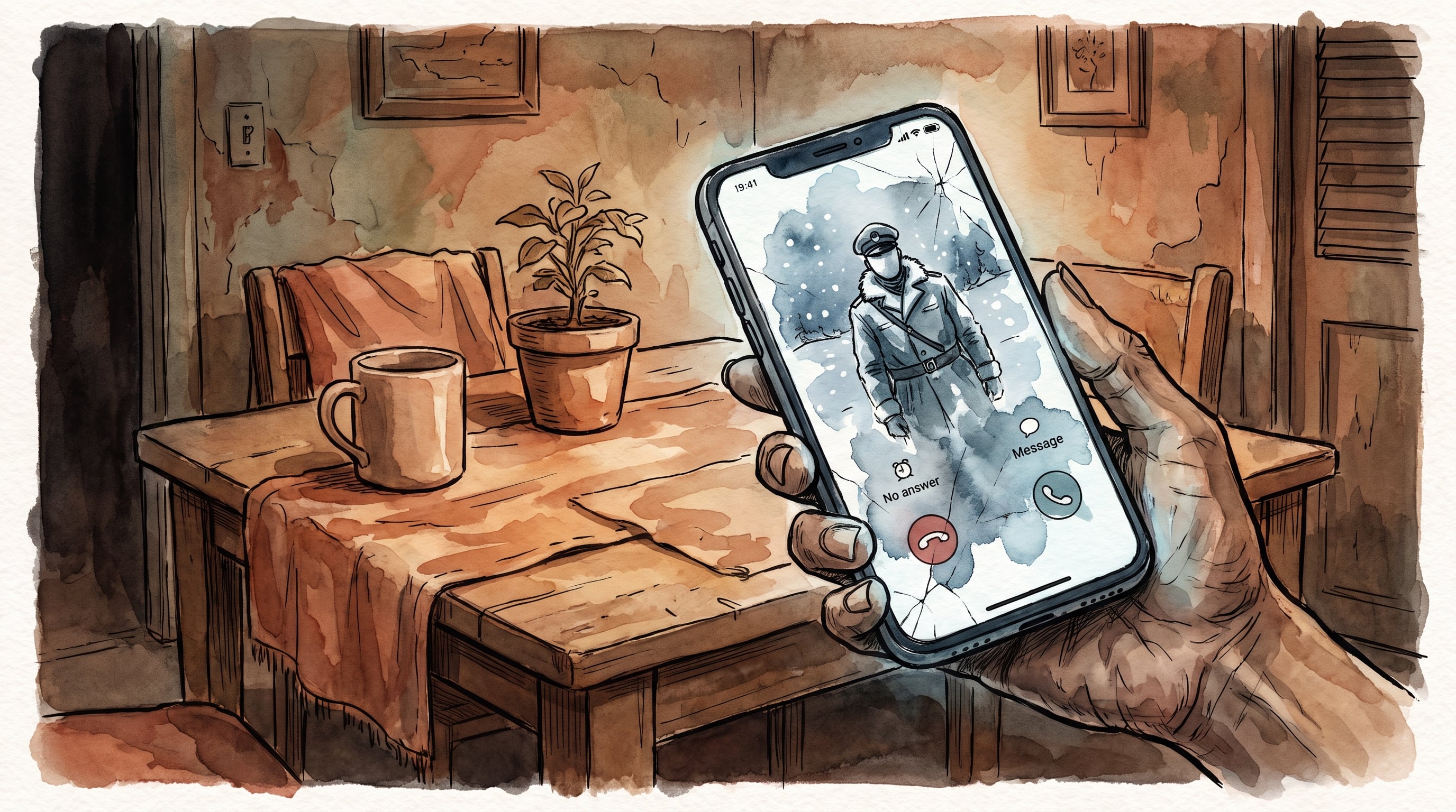 Una mano sostiene un teléfono inteligente con una llamada no contestada que muestra la figura de un militar en un entorno helado. (Imagen Ilustrativa Infobae)