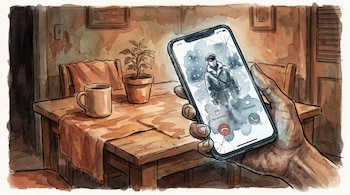 Una mano sostiene un teléfono con un militar en la pantalla, junto a una mesa de madera con una taza y una maceta.