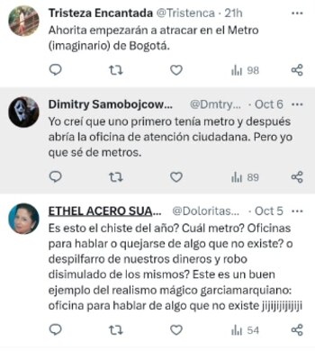 Los comentarios cuestionaban la apertura de una oficina sobre el metro, cuando no existe un metro en Bogotá - crédito Redes sociales