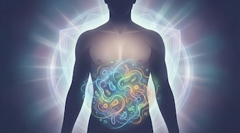 Silueta frontal de un torso humano con abdomen iluminado, mostrando una colorida microbiota intestinal y un halo de luz que sugiere protección.