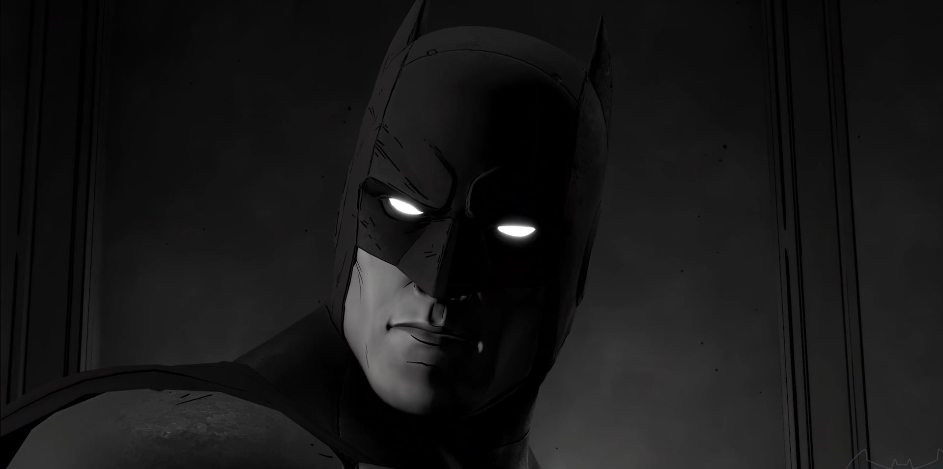 Un primer plano dramático del personaje de Batman, con sus ojos brillando intensamente en la oscuridad, captura la esencia de su figura en blanco y negro. (Epic Games)