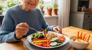 Mujer adulta mayor sonriente comiendo un plato variado de vegetales (brócoli, pimientos, calabacín, tomates) y quinoa, junto a un tazón de hummus con zanahorias.
